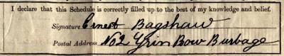 Ernest Bagshaw signature 1911 Signature on 1911 Census Return