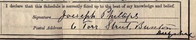 Joseph Phillips 1911 signature Signature on 1911 Census Return