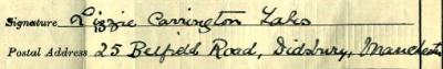 Lizzie Carrington Smith 1911 signature Signature on 1911 Census Return