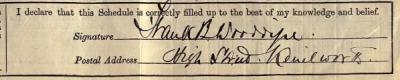 Frank B Wooddisse signature 1911 Signature on 1911 Census Return