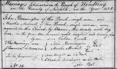 John Bennington marriage 1825