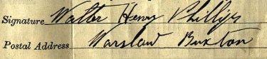 Walter Henry Phillips signature 1911 Signature on 1911 Census Return